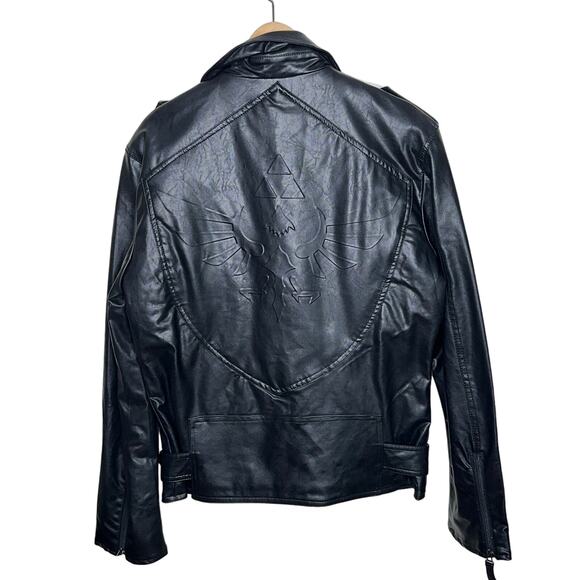 NINTENDO x ZELDA Hylian Royal Crest Faux Leather Biker Moto Jacket Black - Picture 4 of 9